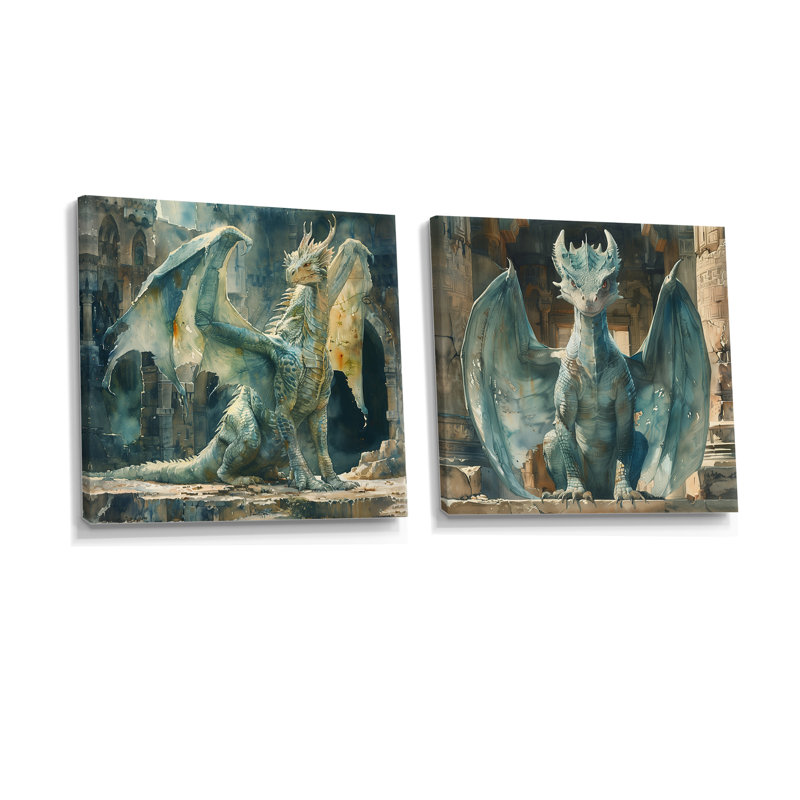«Green Antique Ruins Dragon I - Dragons», art mural moderne 2 pièces, H 16 po x l 33 po, Toile tendue, Ne s’applique pas