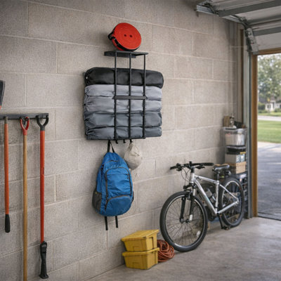 Wall Mounted Camping Chair Storage Rack, Metal Garage Organizer Shelf with Hooks for Camping Chairs, Umbrellas and Outdoor Gear