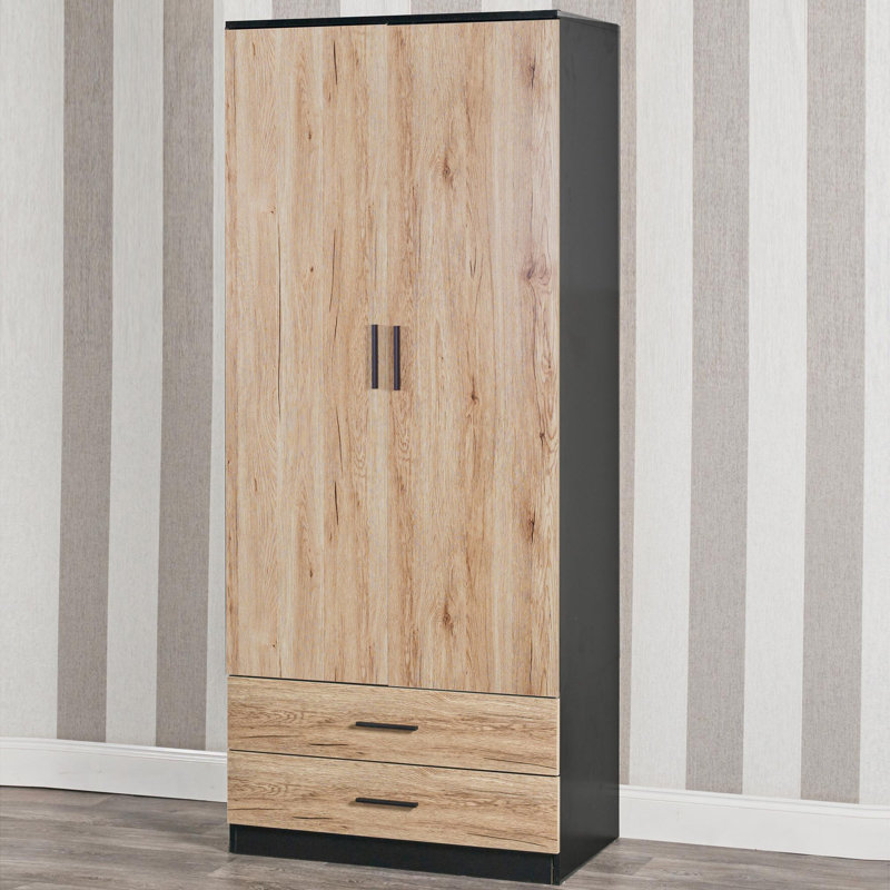 Gianpietro 2 Door Manufactured Wood Wardrobe, Black Carcass/Oak Drawer