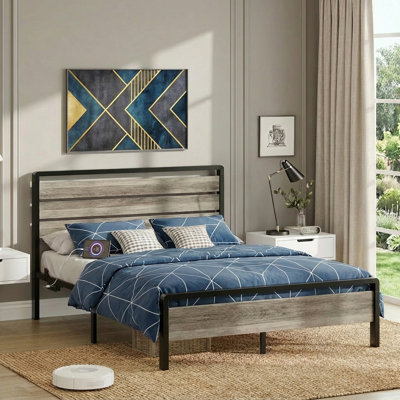 King Size Gray Bed Frame With Led Light And Charging Station, Metal Platform Bed With Wood Headboard