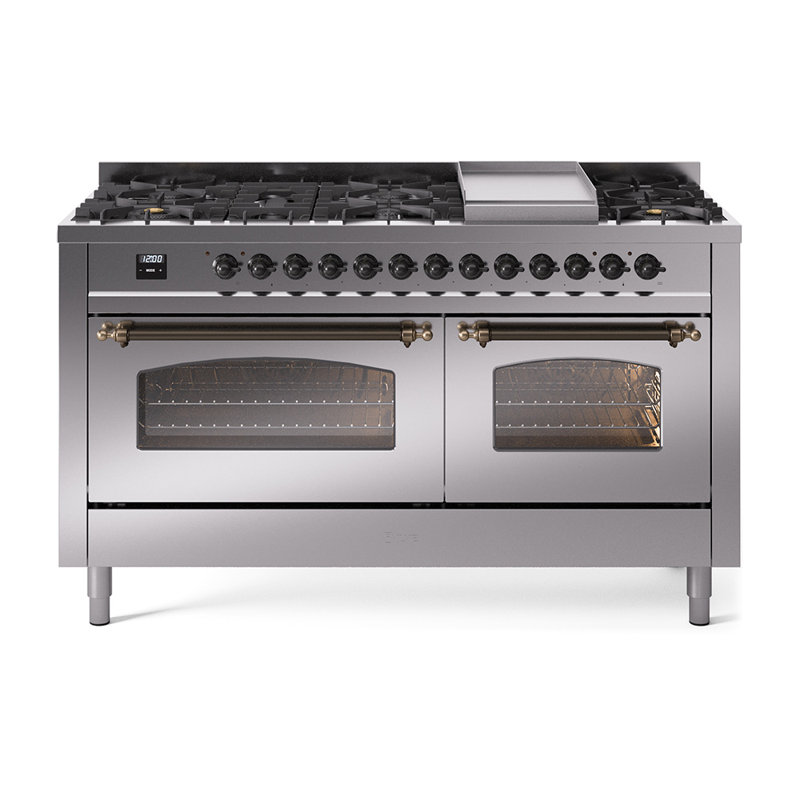 ILVE Nostalgie II Series 60 inch Dual Fuel Range with 9 Sealed Burners, Griddle (Glass Door), Stainless Steel/Bronze