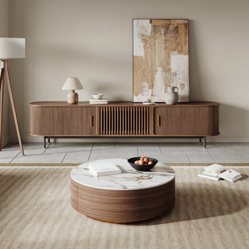 Drum Coffee Table, Sintered Stone Top, 2 Solid Wood Drawers, Fully-Assembled, 14.17" H x 35.43" L 35.43" W, Brown
