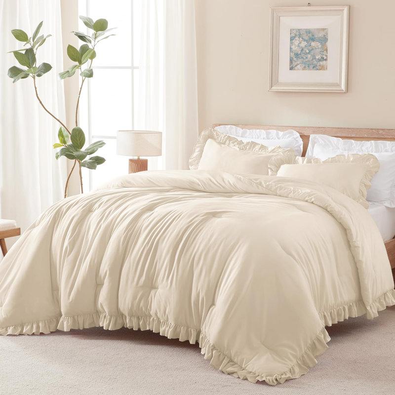 Andency Oversized King Comforter Set 128x120, 3 Pieces Beige Ruffle Shabby Chic Famhouse Bedding Set for Women, Lightweight Fluffy Super King Plus Bed Set for Girls