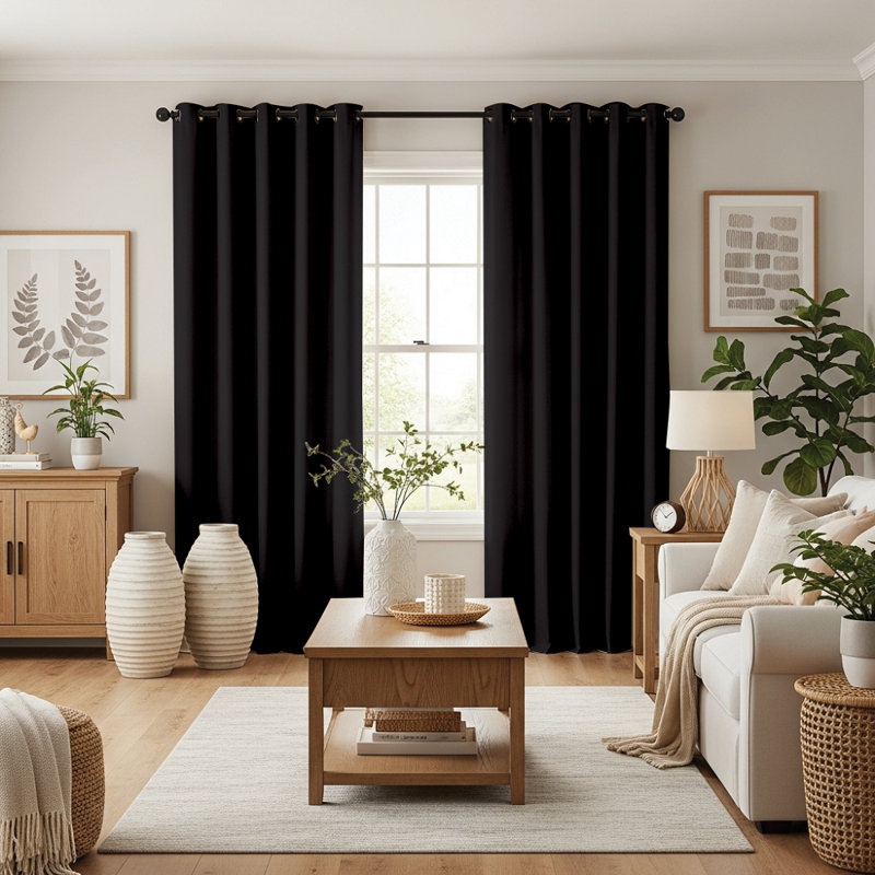 Jeffro Pair of Eyelet Blackout Curtain Panels, Black, 167.64cm Width x 137.16cm Drop