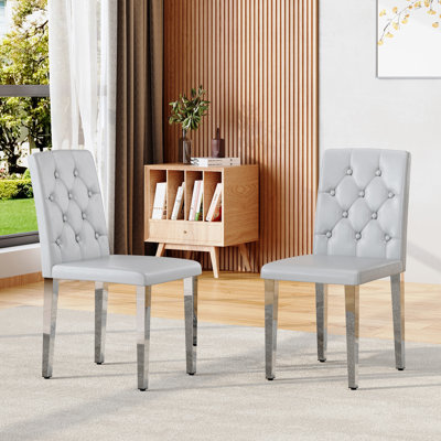 Dining Chair 16.4 x 18 x 35 Inches Metal and PU Leather 2 Pieces Dining Chair Light Gray and Silver