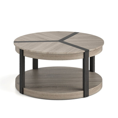 Hommoo 34.5-inch Modern Mid-Century Rubberwood 2-Tier Round Center Table, Spacious Top + Lower Storage Shelf, Sturdy Living Room Coffee Table, Gray & Black