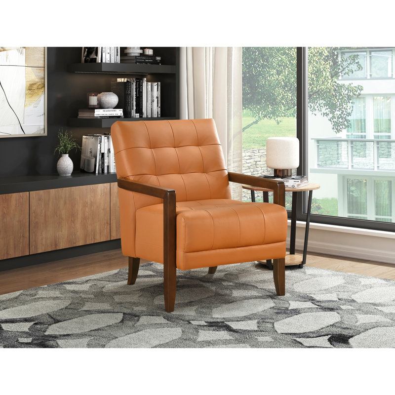 Fauteuil d'appoint 100% cuir orange vif avec structure et coussin de pieds contemporain en contreplaqué brillant