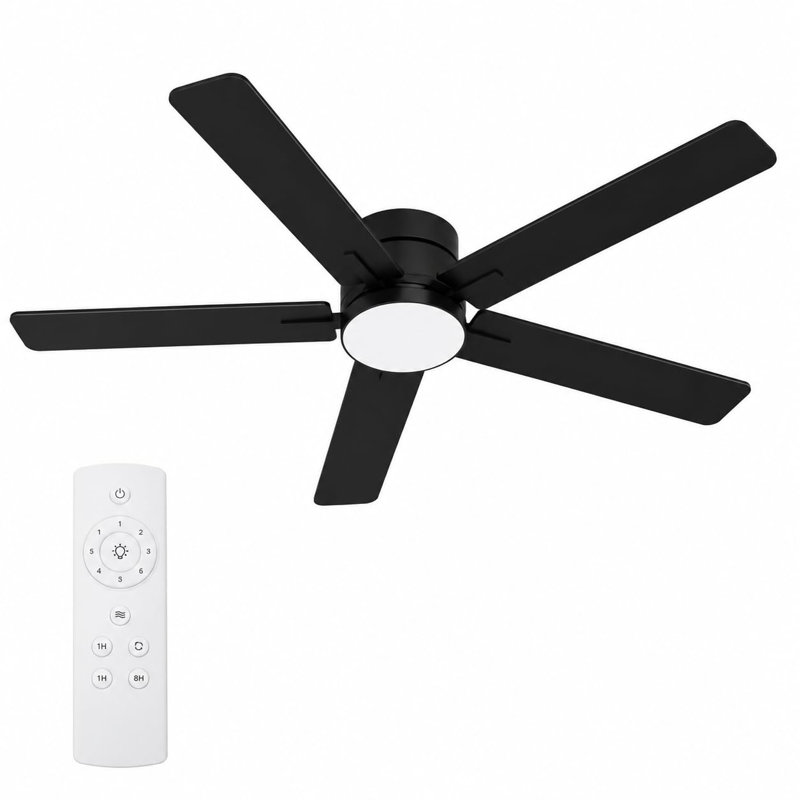 Modern Low Profile 52-Inch Ceiling Fan with Light & Remote Control - Easy-Detach Composite Wood Blades - For Kitchen/Dining Room/Patio/Porch/Gazebo - Color: Black