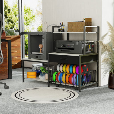3D Printer Stand with Storage Drawer and Rolling Filament Basket, Industrial Printer Table with Open Shelves and Hooks, Sturdy Metal Workstation for 3D Printing Tools and Accessories, Grey
