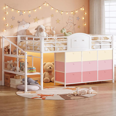 Lit mezzanine simple simple avec 9 tiroirs de rangement et tablettes pour escalier Lit mezzanine pour enfants avec espace de rangement sous le lit