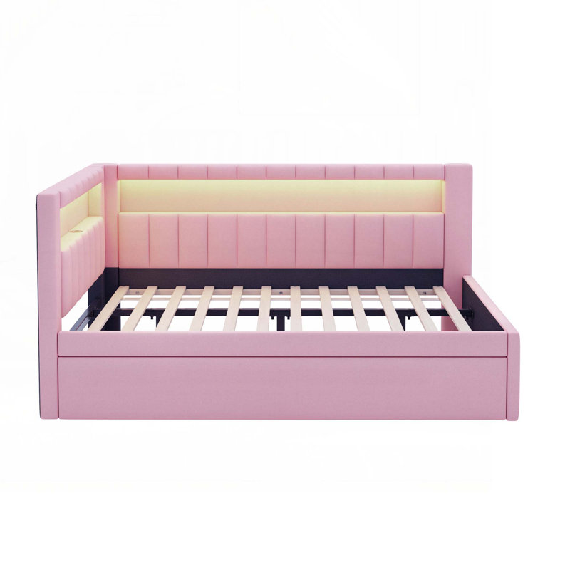 Upholstered Platform Bed with USB Ports and LED Belt, With Trundle, Pink, Twin