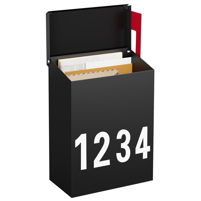 Wall-Mount Mailbox With One Flag Kit And Three Sets Of 0-9 Mailbox Number Stickers, Mailboxes For Outside, Galvanized Steel Rust-Proof Metal Post Box, 7.1"X3.9"X10.24" Black
