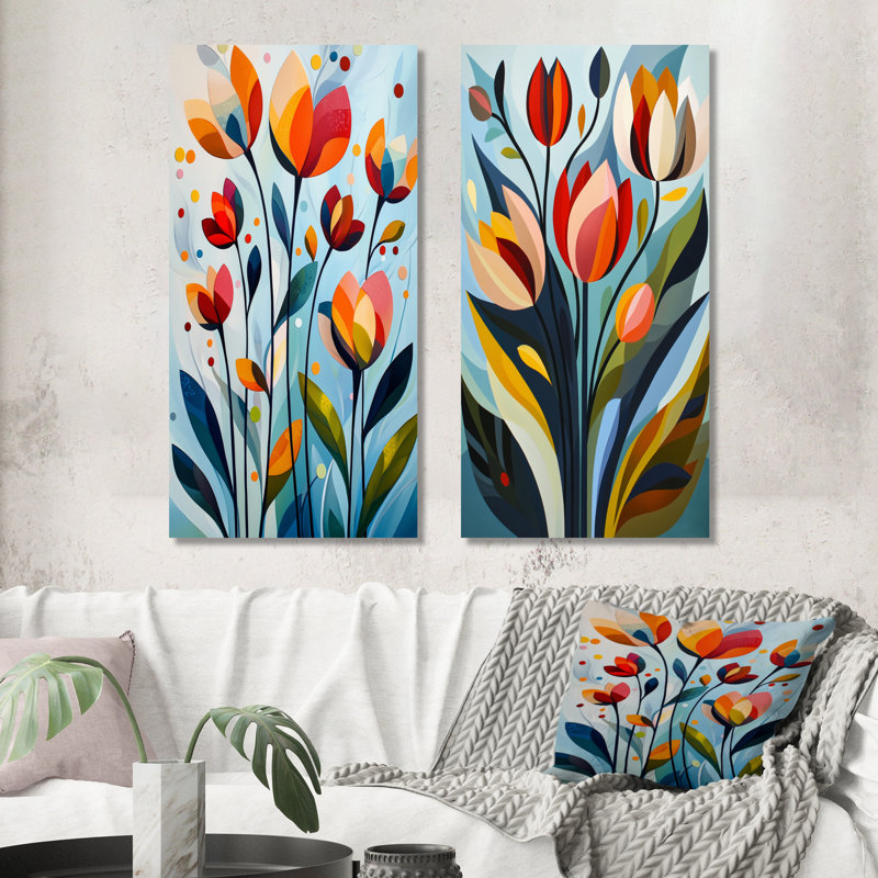 «Green Mid Century Mod Nature Tulip III - Abstract Midcentury Wall Art», ensemble de 2 pièces, H 32 po x l 32 po