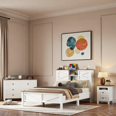 Ensemble de chambre à coucher 3 pièces, lit plateforme avec portes coulissantes, tête de rangement et station de charge, 1 table de chevet avec 2 tiroirs, 1 commode avec 6 tiroirs