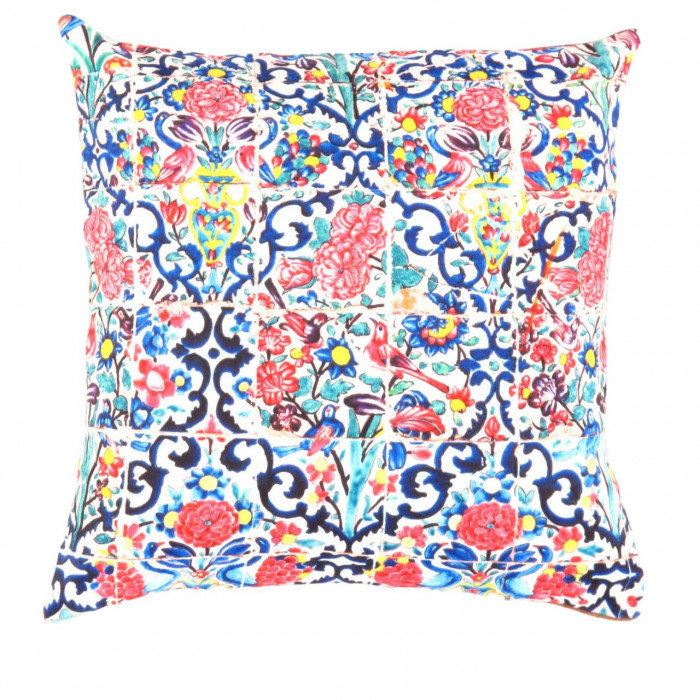 Coussin décoratif en velours Pasargad 16 po x 16 po, Blanc / bleu marine / Malibu / rouge / jaune flora