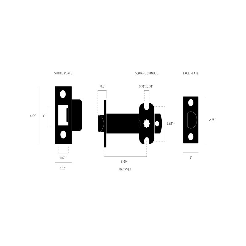 Loquet tubulaire / poignée de porte / intimité, Noir, noir, noir, noir, H 2,75 po x l 1 po x P 2,75 po