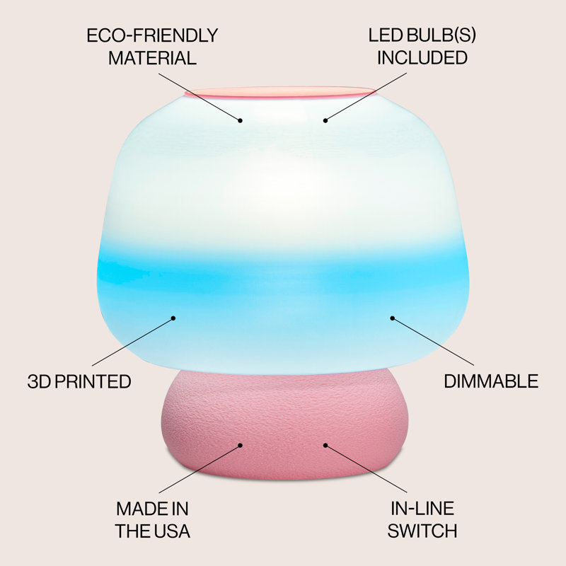 Mushroom 10" Modern Classic Plant-Based PLA 3D Printed Dimmable LED Table Lamp, Light Pink, Blue/White