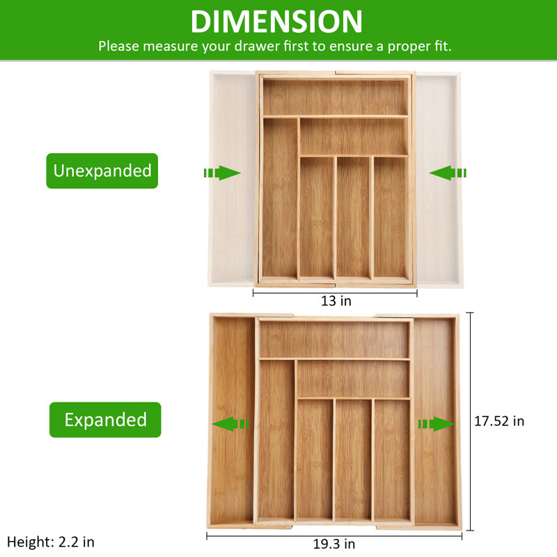 Organisateur de couverts réglable et extensible en bambou à 6 ou 8 fentes - Plateau multi-usages pour ustensiles et couverts de cuisine