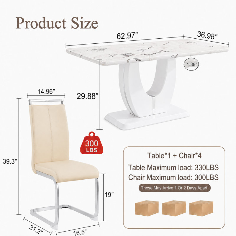 Modern 5-Piece Dining Set With Faux Marble Tabletop And 4 Upholstered C-Frame PU Leather Chairs, Beige, White