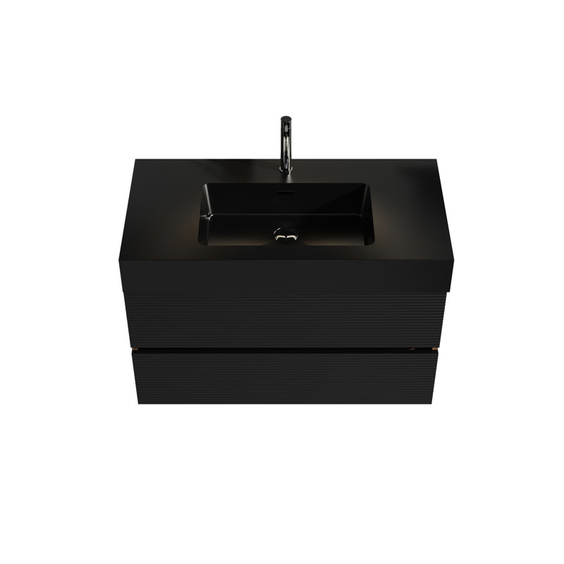 Meuble-lavabo moderne avec texture noyer et tiroirs noirs, armoire murale en noyer, Noir