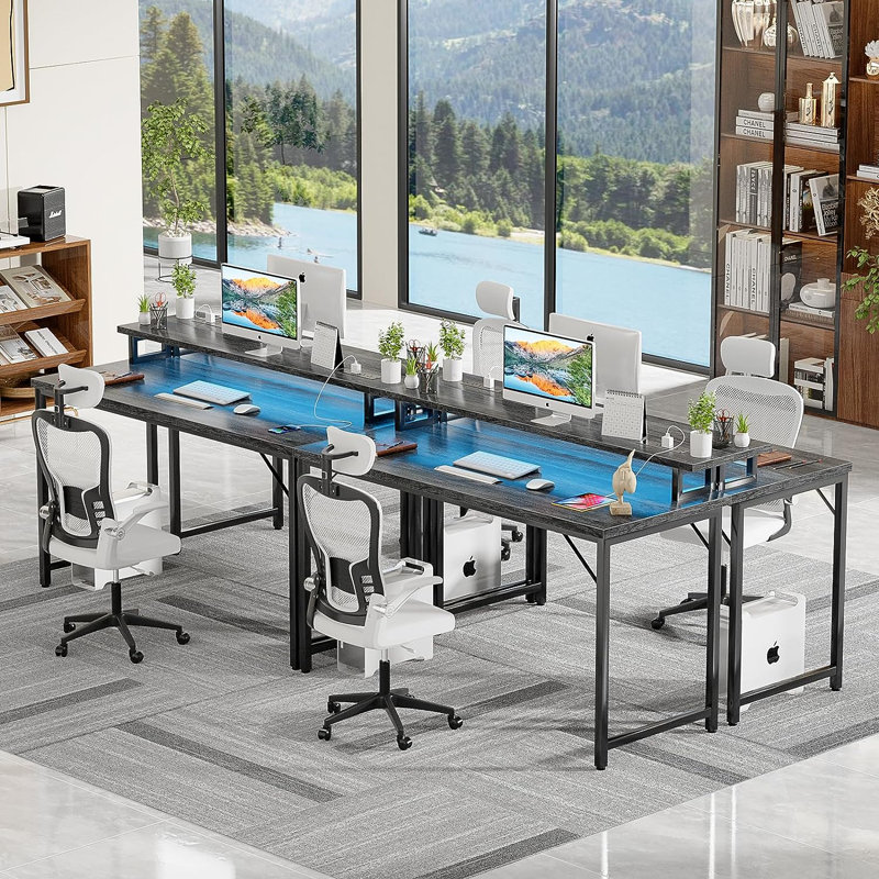 Iancarlo Metal Base Computer Desk with Power Outlet, 33.9" H x 47.3" W x 22.4" D, Oak/Black