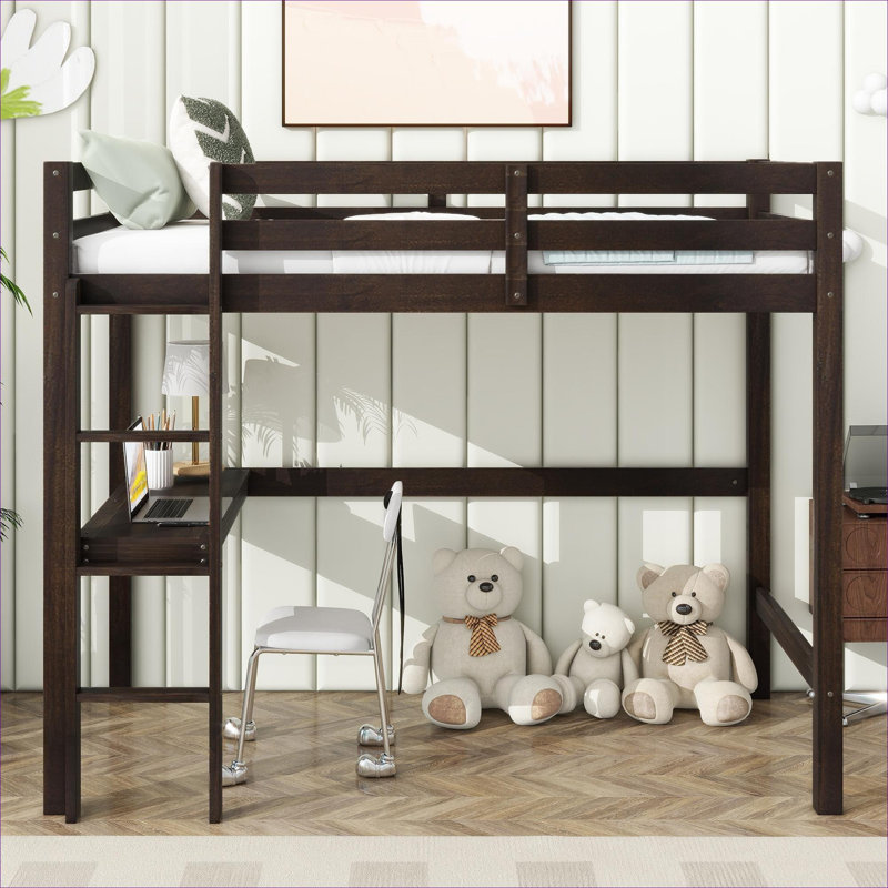 Petit lit mezzanine simple en bois d'hévéa massif avec bureau intégré et échelle