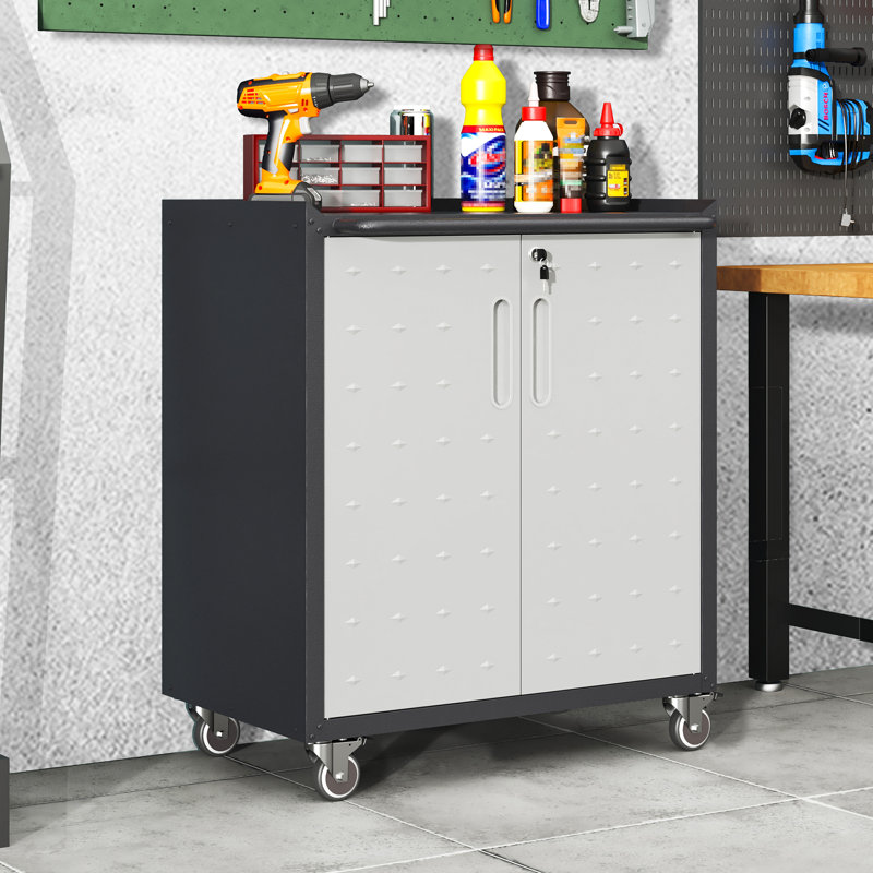 Armoire à outils roulante robuste avec portes verrouillables, rangement mobile pour garage avec tablette ajustable et roulettes