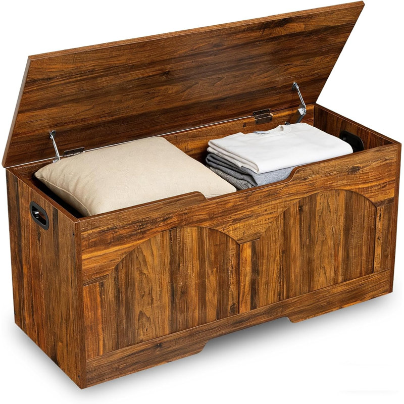 Banc de rangement pour hall d'entrée 39 po avec coffre rabattable, charnière de sécurité, poignée en forme de U, rangement en bois, brun