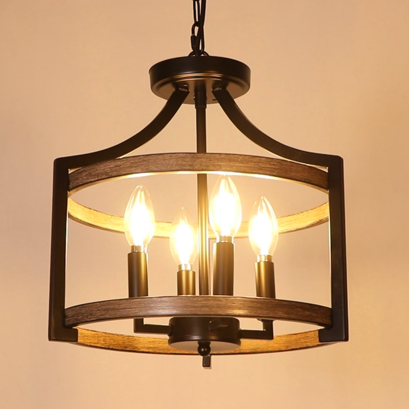 Lustre lanterne 4 lumières Aonesty, Noir mat / imitation grain de bois