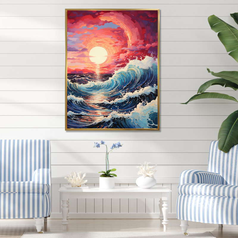 «Pink Beach Sunlit Waves Pointillism», reproduction sur toile, H 32 po x l 24 po x P 1 po, Cadre flottant doré