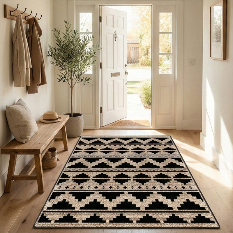 Tapis intérieur lavable à motif géométrique noir et beige Tribal