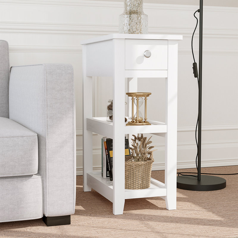 24" Tall End Table, Narrow Side Table with Drawer and Shelves for Small Spaces, Blanc, 1