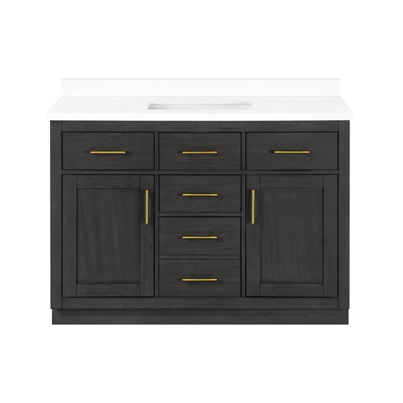 Bailey 48 in. Single Sink Freestanding Dark Ebony Wood Bathroom Vanity with White Stone Top, Backsplash, Brushed Gold