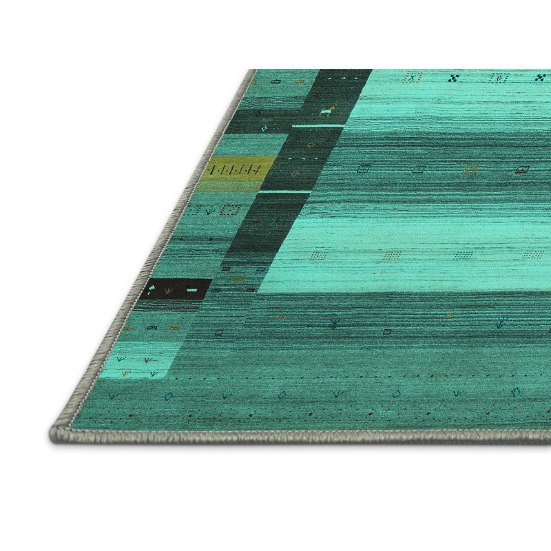 Tapis turquoise contemporains lavables à la machine 1900, Rectangle 2 pi x 4 pi