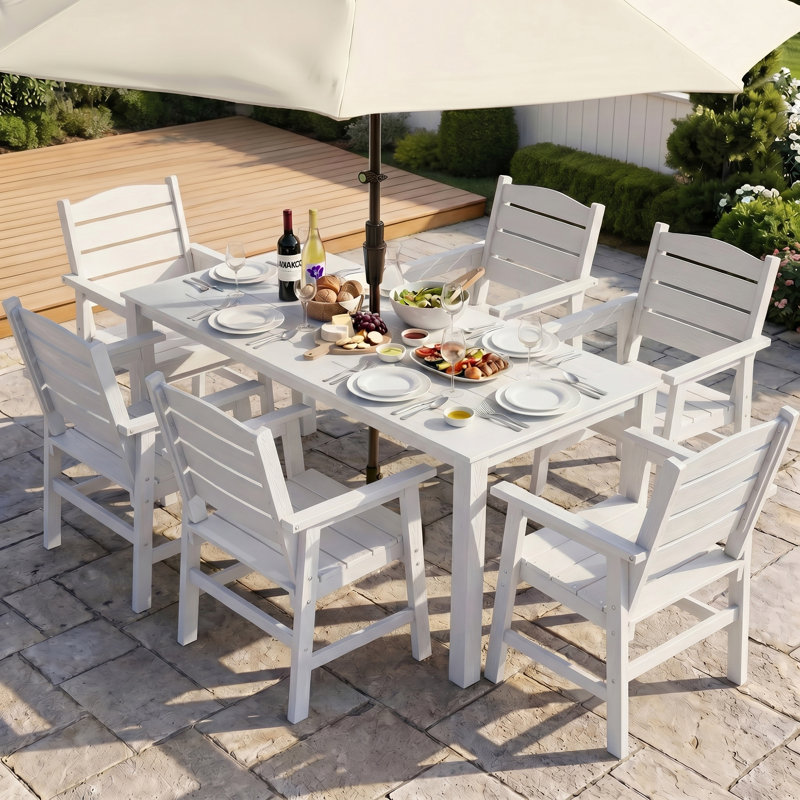 All Weather Outdoor Table and Chairs 7 Pieces Patio Dining Sets Outside Furniture With Umbrella Hole& Aluminum Frame HIPS Modern Patio Dining Set for 6 Person for Outside Backyard/Porch/Deck, 1-Table 6-Chairs, White