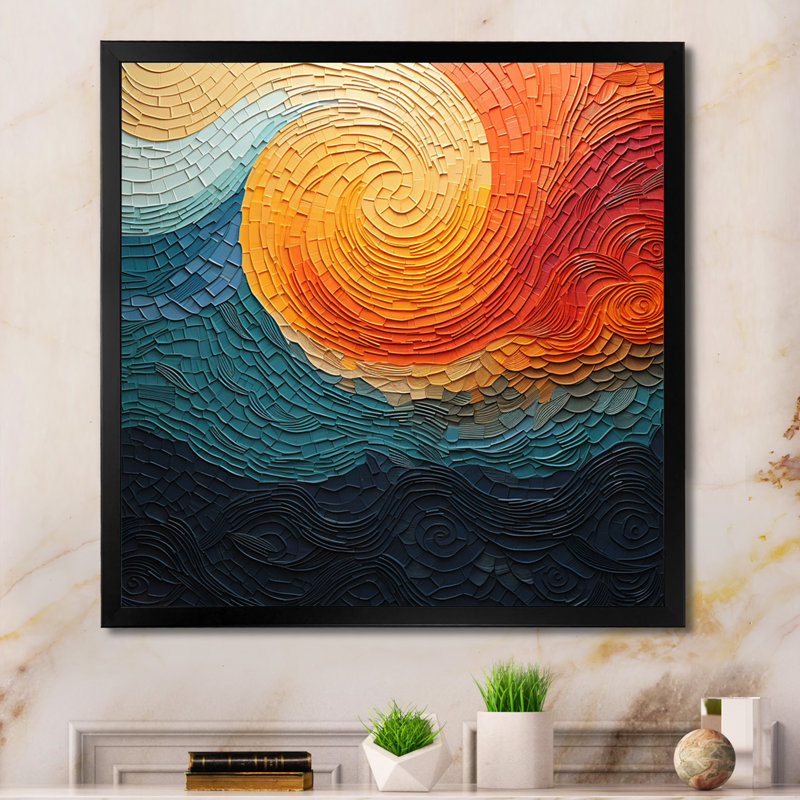 Teal Orange Op Art Rhythmic Illusion III - Abstract Wall Art Prints, Cadre simple noir, H 16 po x l 16 po x P 1 po