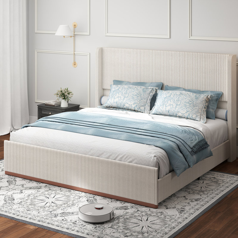 Corduroy Bed Frame with 47" Headboard, Upholstered Platfrom Bed with Vertical Stripe Wingback, King