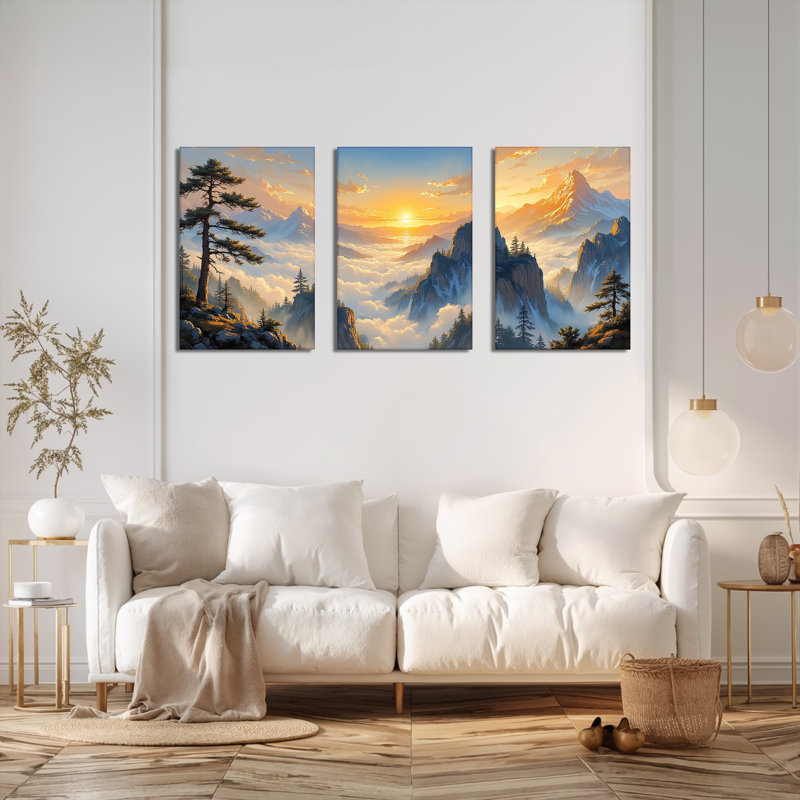 Tableau sur toile tendue représentant un coucher de soleil sur un paysage de montagne (ensemble de 3), H 18 po x l 36 po