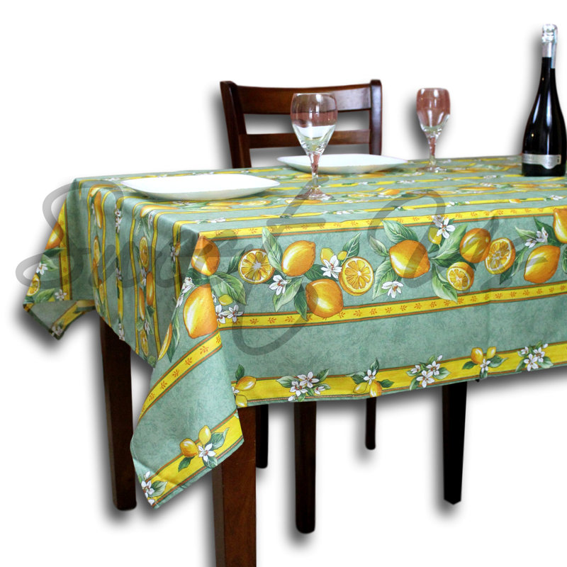 Wipeable Stain Resistant Acrylic Coated Cotton French Provencal Lemon Floral Tablecloth, Green, 98" L x 60" W