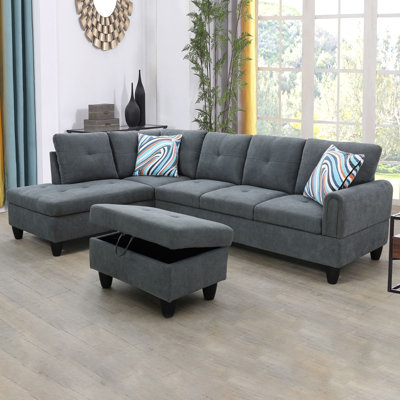 Grey Velvet 3-Piece Sectional Sofa Set with Storage Ottoman