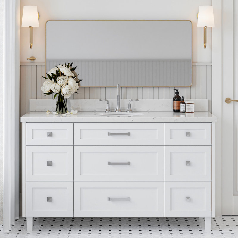 Meuble-lavabo simple 60 po ARIEL avec plateau Carrara, Blanc