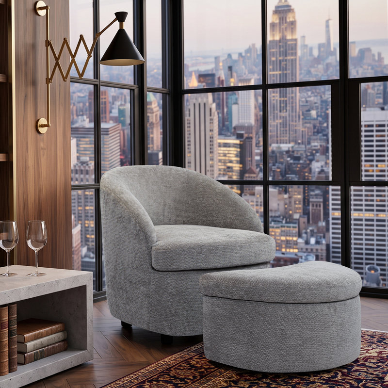 Fauteuil lounge tonneau en chenille haut de gamme avec repose-pieds de rangement, Gray