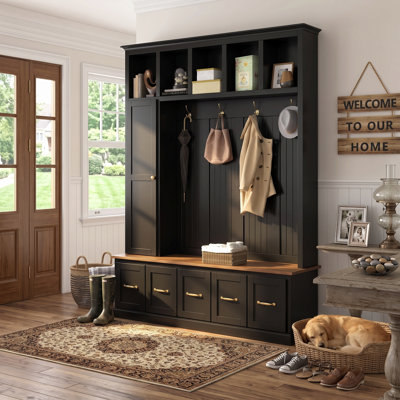 U-Can Entryway Hall Tree with Coat Hooks, Shoe Bench, and Drawer Storage Cabinet