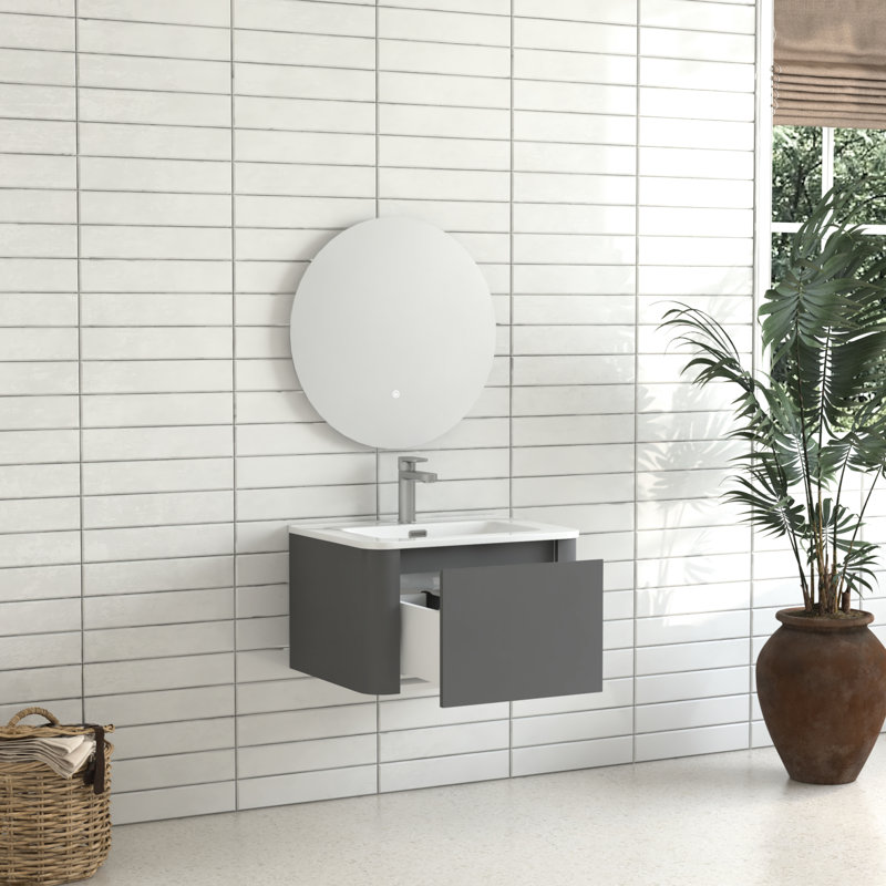 Meuble-lavabo gris avec dimensions de 24 pouces, conception flottante, lavabo en céramique blanche, 45 poignées en angle, tiroir à fermeture en douceur, imperméable, rangement spacieux, style européen pour la salle de bain, petites salles de bain idéales