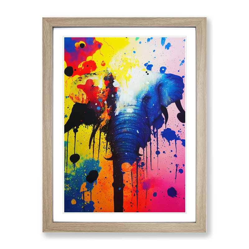Elephant Paint Splash No.1 Abstract - Single Picture Frame Print, 64cm H x 46cm W x 2cm D, Oak