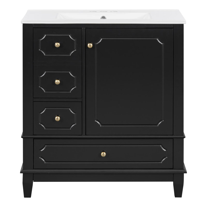 Meuble-lavabo de 30 po avec lavabo, meuble-lavabo autoportant noir avec lavabo en céramique, cadre en bois massif, porte et tiroirs à fermeture en douceur, panneau de fibres à densité moyenne peint et bois d'hévéa, tablettes de rangement incluses