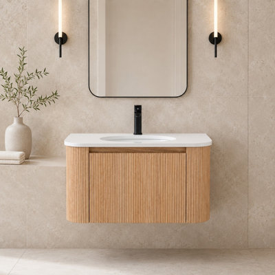 Meuble-lavabo mural simple de 30 po avec façade incurvée cannelée, plateau en marbre de culture et lavabo en céramique