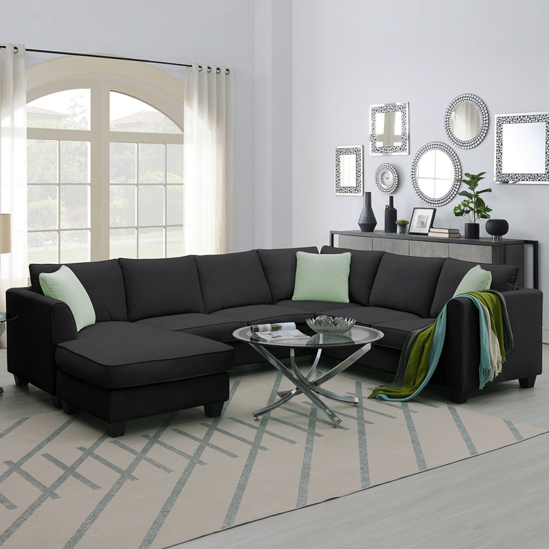 [VIDÉO fournie] Canapé modulaire de 112 po x 87 po pour salon, canapé modulaire à 7 places avec repose-pieds, canapé d'angle en tissu en L avec 3 coussins, noir (nouveau de GS008210AAB)
