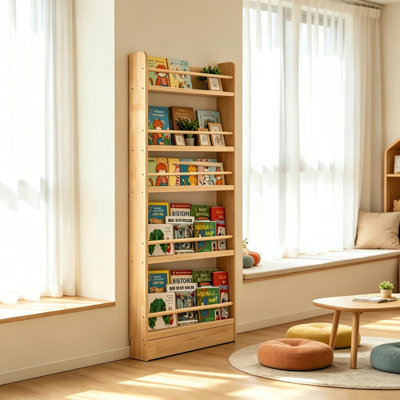 6 Tier Natural Solid Wood Behind The Door Bookshelf Casual Wall Mount Open Storage Shelf Slim Space Saving Vertical Display Organizer for Kids Bedroom Living Room Playroom Home Decor