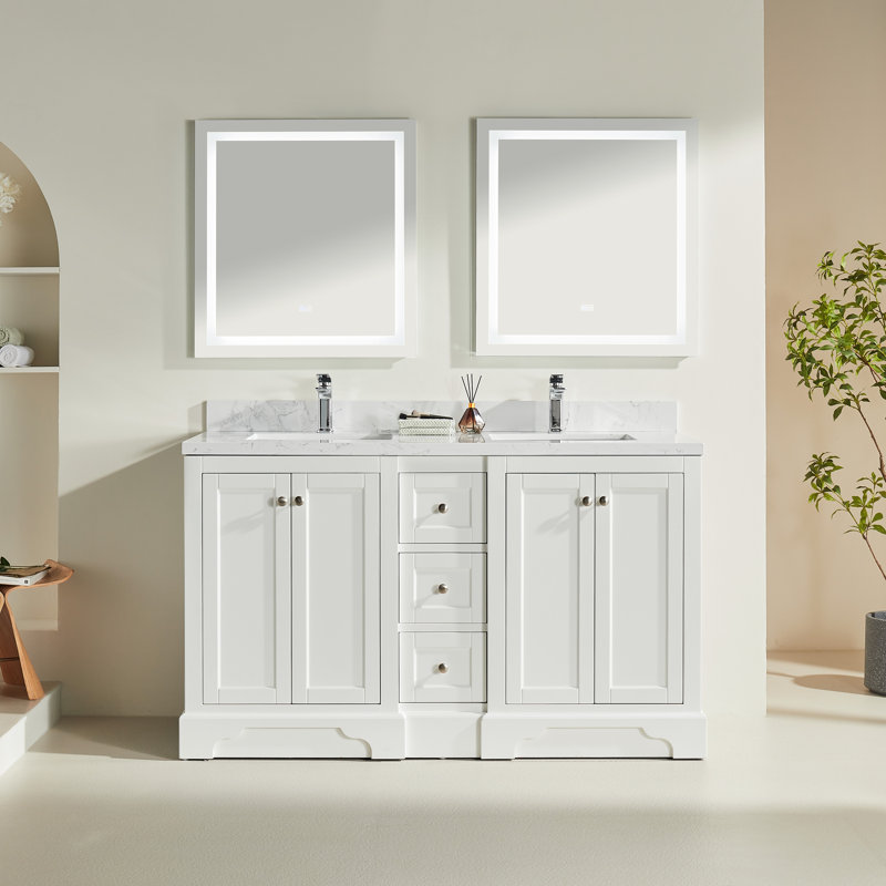 Salle de bain autoportante à double cuve autoportante de 60 po avec plateau en quartz entièrement assemblée